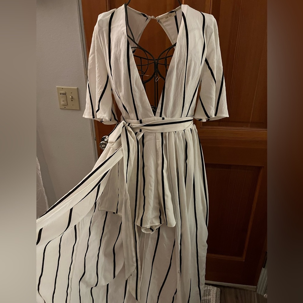 San Joy Romper with overlay skirt white w/ Black stripes size SM/MED